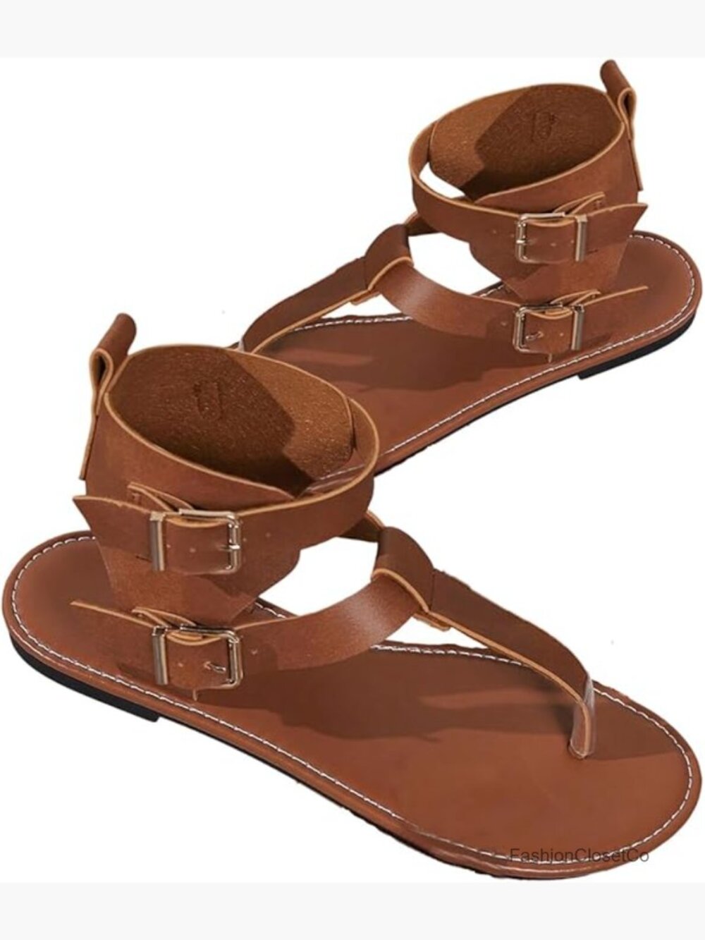 Faux Leather Gladiator Strap Sandals Flat Slides with Ankle Strap Buckle